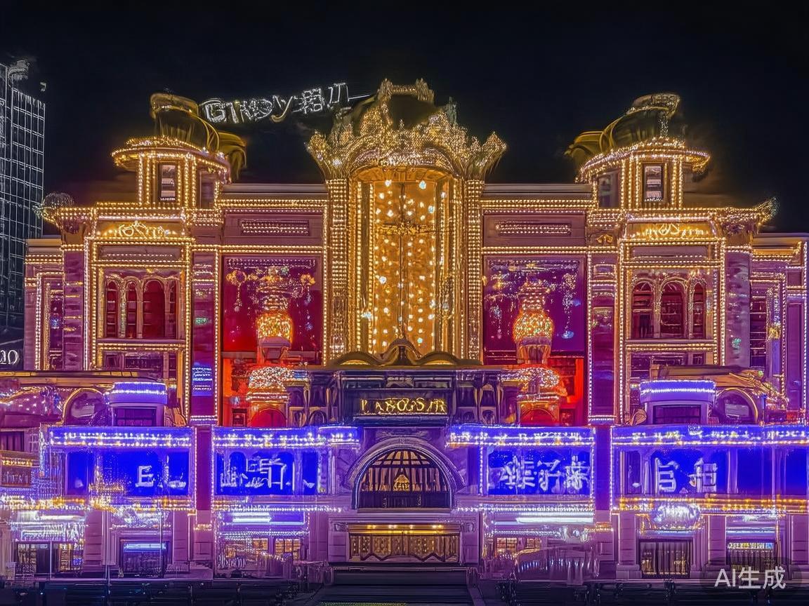澳门皇家赌场广告牌灯光设计与夜景融合效果的精彩呈现 在现代都市的夜晚,灯光不仅仅是照明的工具,更成为城
